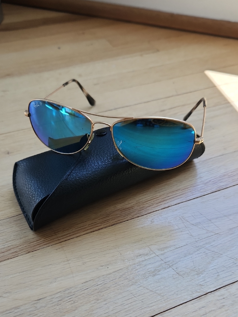 Ray-Ban Gold Frame Polarized Sunglasses with Blue Mirror Lenses